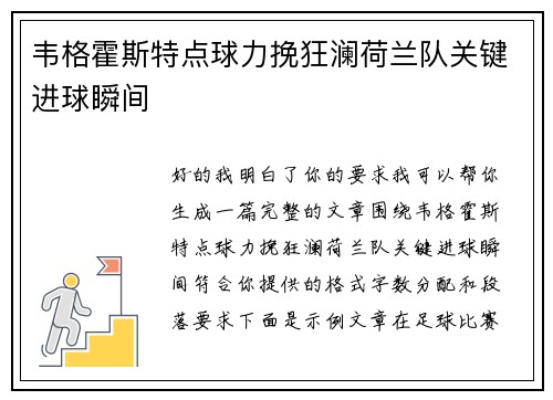 韦格霍斯特点球力挽狂澜荷兰队关键进球瞬间 韦格霍斯特点球力挽狂澜荷兰队关键进球瞬间