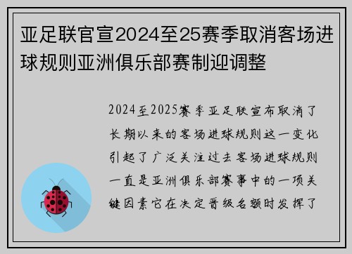 亚足联官宣2024至25赛季取消客场进球规则亚洲俱乐部赛制迎调整 亚足联官宣2024至25赛季取消客场进球规则亚洲俱乐部赛制迎调整