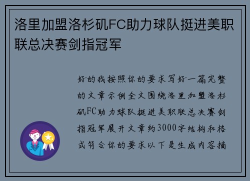 洛里加盟洛杉矶FC助力球队挺进美职联总决赛剑指冠军